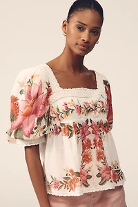 Farm Rio Summer Fruit Cotton Puff-Sleeve Square-Neck Blouse