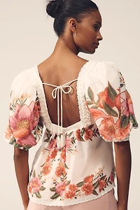 Farm Rio Summer Fruit Cotton Puff-Sleeve Square-Neck Blouse