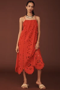 Farm Rio Richelieu Linen-Blend Sleeveless Eyelet Midi Dress