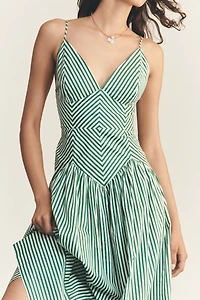 Farm Rio Stripe Cotton Sleeveless V-Neck Drop-Waist Midi Dress