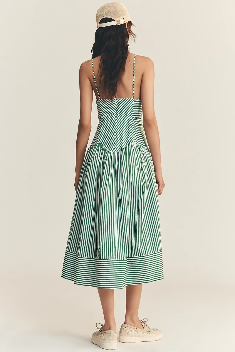 Farm Rio Stripe Cotton Sleeveless V-Neck Drop-Waist Midi Dress