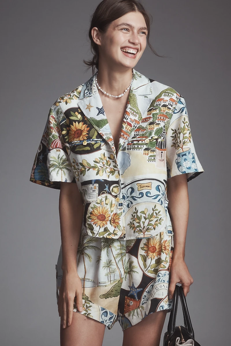 Farm Rio Short-Sleeve Linen Printed Buttondown Shirt