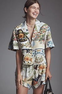 Farm Rio Short-Sleeve Linen Printed Buttondown Shirt
