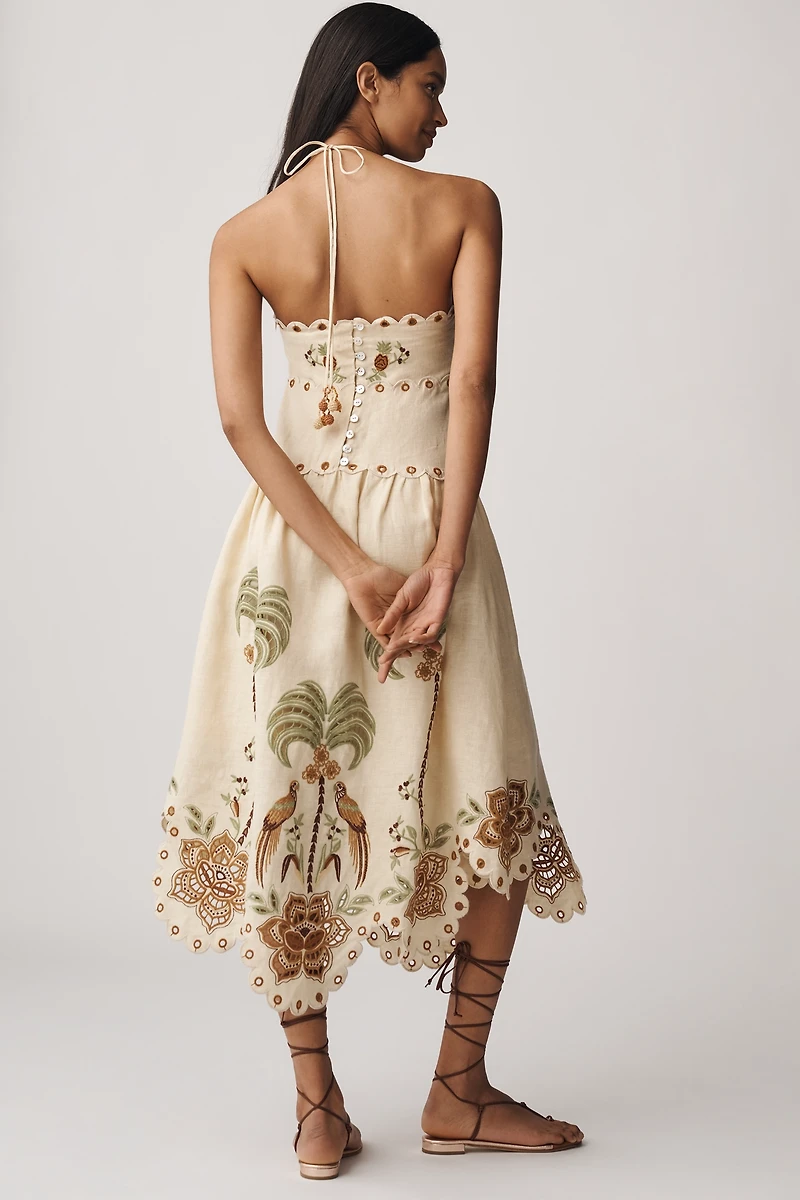 Farm Rio Linen Halter Eyelet Midi Dress
