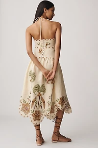 Farm Rio Linen Halter Eyelet Midi Dress