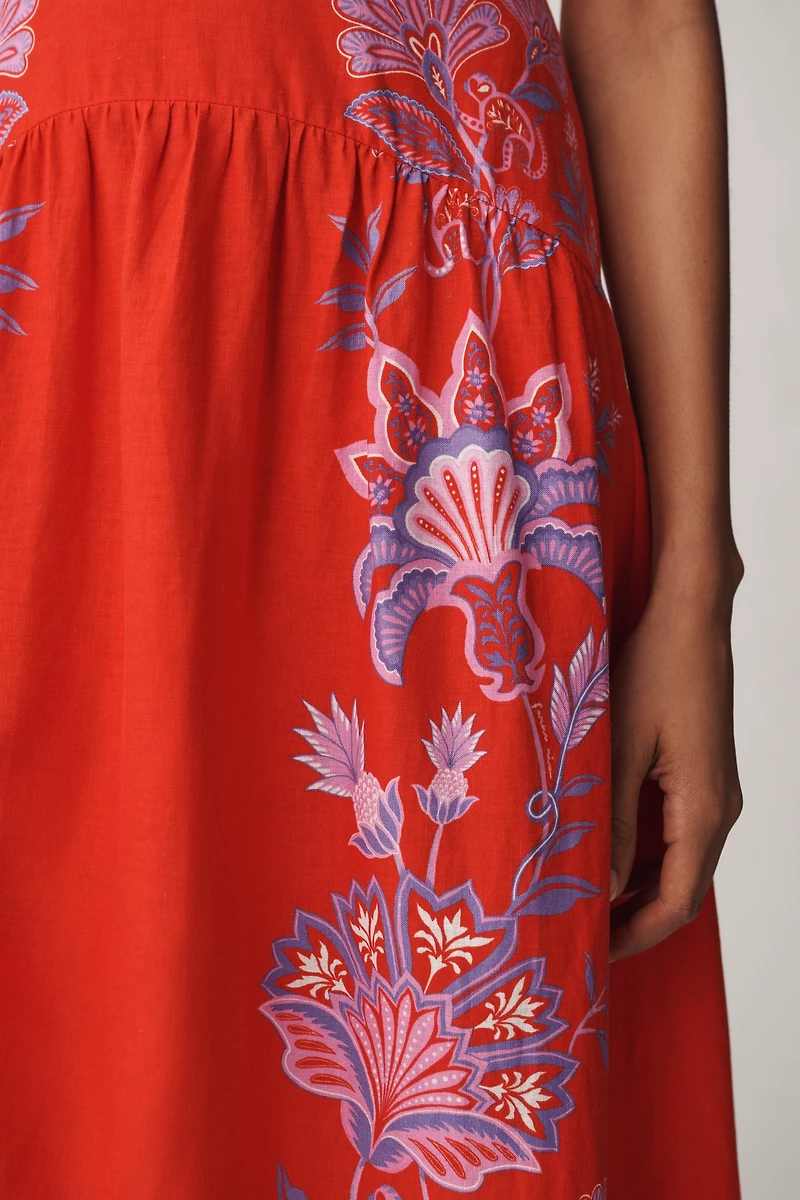 Farm Rio Porcelain Garden Red Linen A-Line Midi Dress