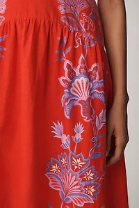 Farm Rio Porcelain Garden Red Linen A-Line Midi Dress