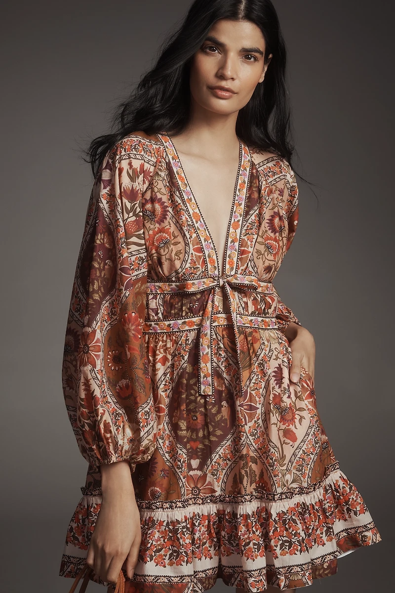 Farm Rio Romantic Nature Multicolor V-Neck Puff-Sleeve Mini Dress