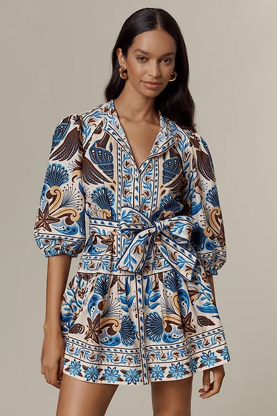 Farm Rio Belted Puff-Sleeve Mini Dress