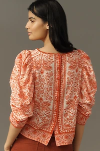 Farm Rio River Ride Cotton Puff-Sleeve Blouse