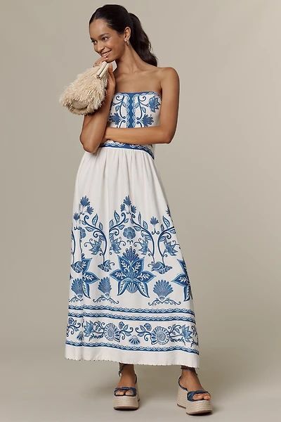 Farm Rio Shell Garden Linen Blend Midi Dress