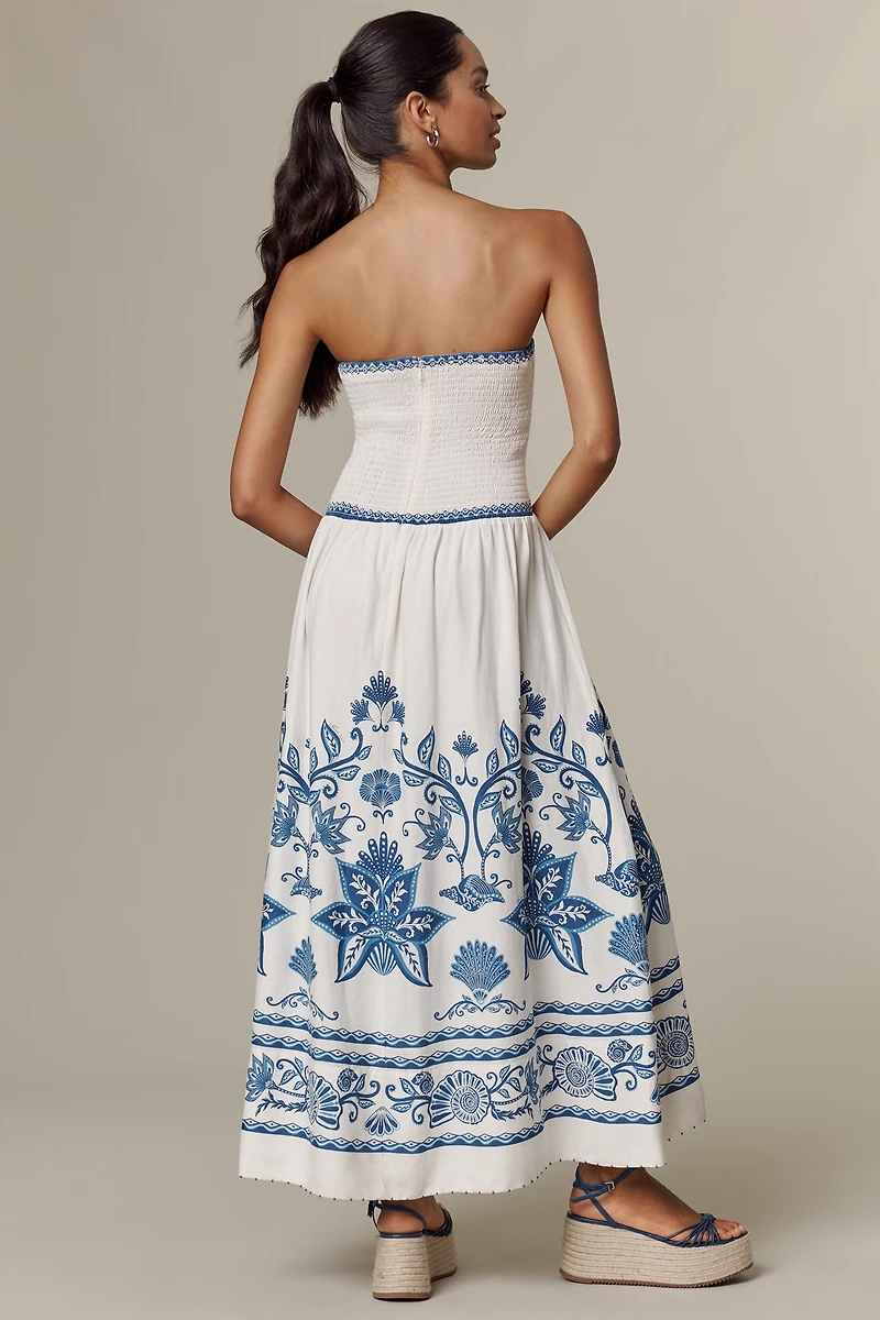 Farm Rio Shell Garden Linen Blend Midi Dress