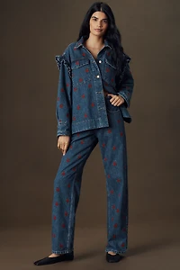 Farm Rio Embroidered Ruffle Denim Jacket