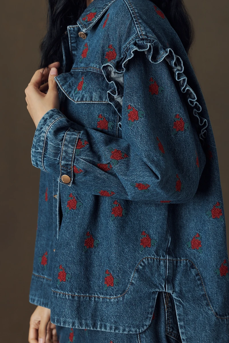 Farm Rio Embroidered Ruffle Denim Jacket