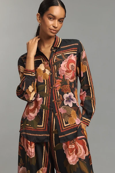 Farm Rio Chenille Flowers Long-Sleeve Buttondown Blouse