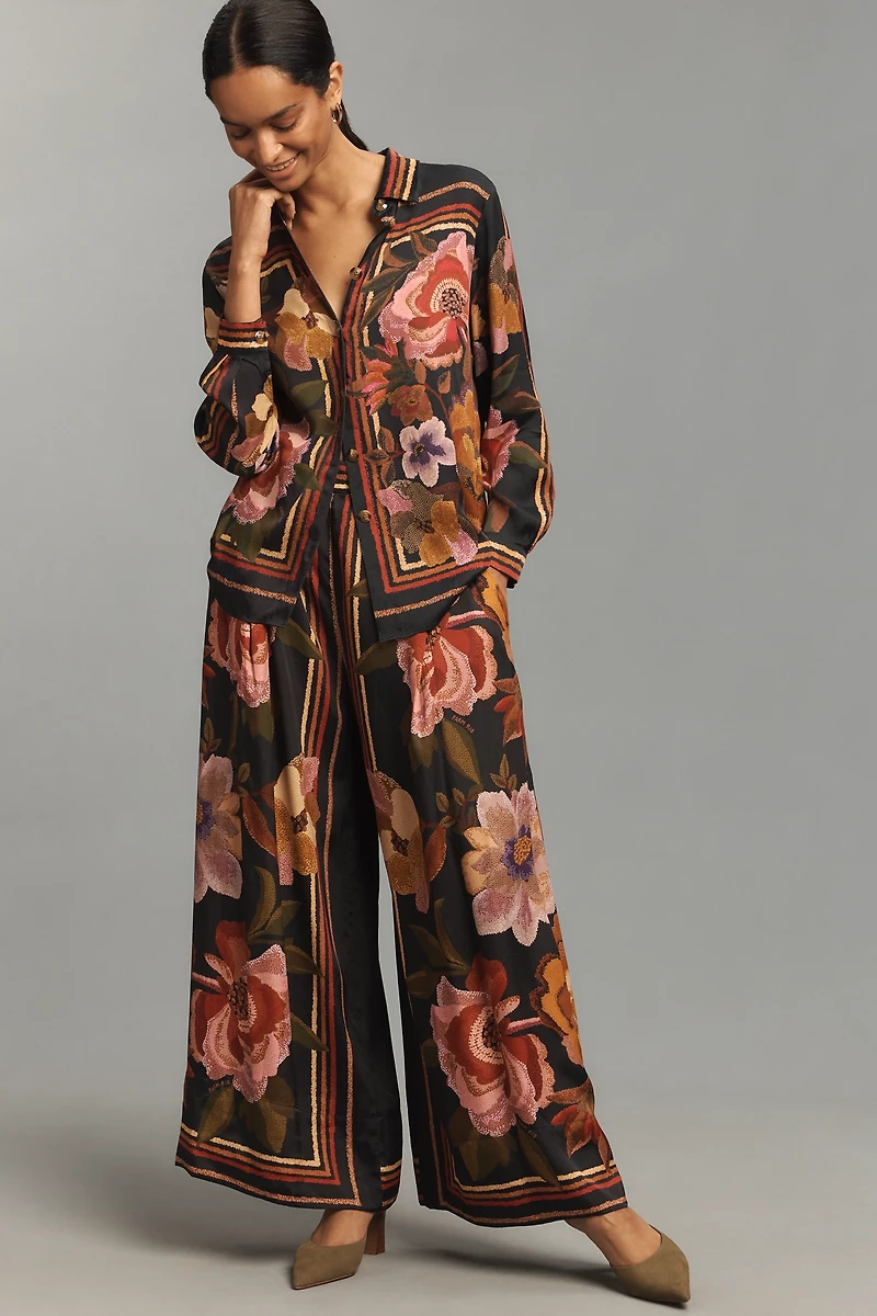 Farm Rio Chenille Flowers Long-Sleeve Buttondown Blouse