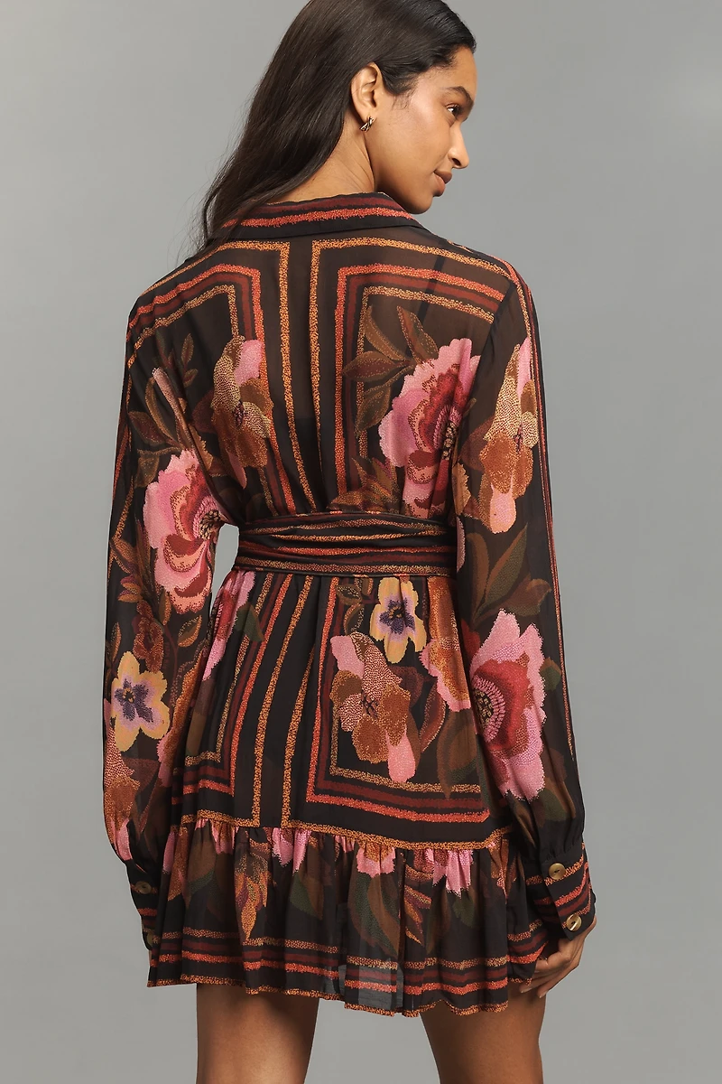 Farm Rio Chenille Flowers Long-Sleeve Belted Mini Shirt Dress