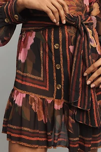 Farm Rio Chenille Flowers Long-Sleeve Belted Mini Shirt Dress