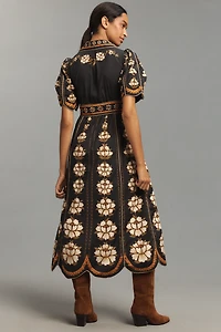 Farm Rio Embroidered Floral Short-Sleeve Midi Dress