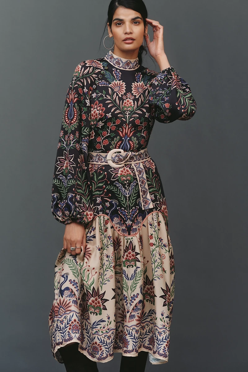 Farm Rio High-Neck Long-Sleeve Midi Dress