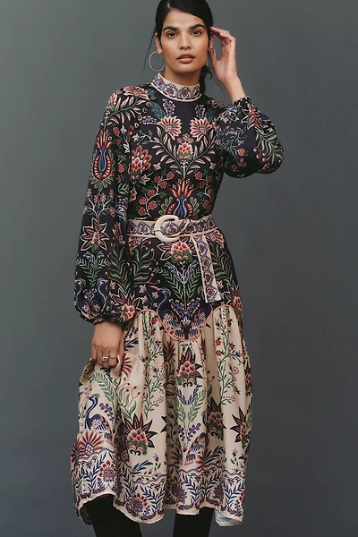 Farm Rio High-Neck Long-Sleeve Midi Dress