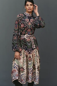 Farm Rio High-Neck Long-Sleeve Midi Dress