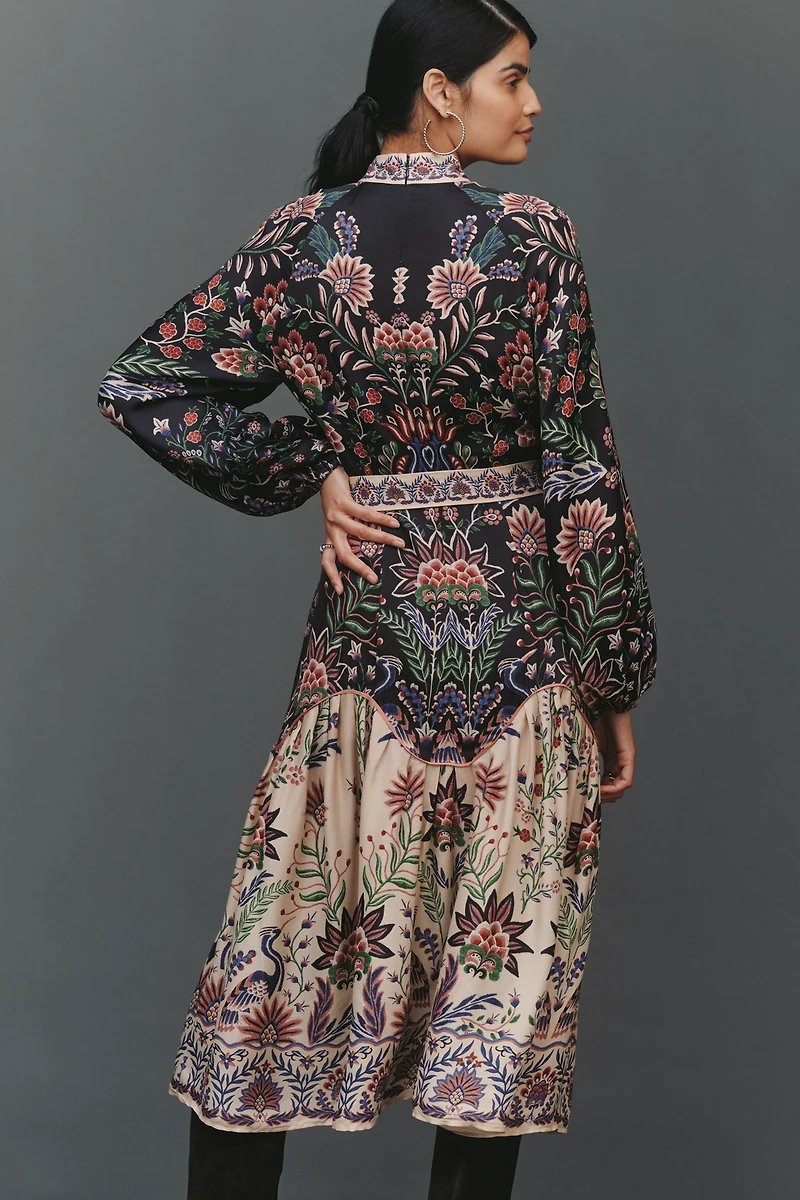 Farm Rio High-Neck Long-Sleeve Midi Dress