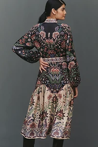 Farm Rio High-Neck Long-Sleeve Midi Dress