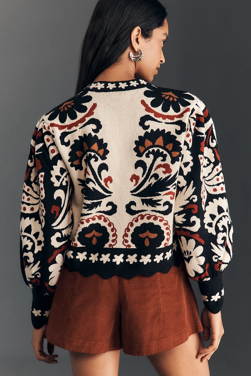 Farm Rio Winter Tapestry Stripes Puff-Sleeve Sweater