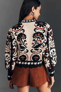 Farm Rio Winter Tapestry Stripes Puff-Sleeve Sweater