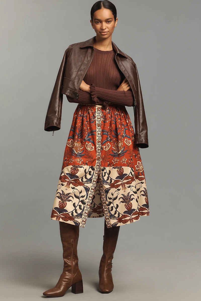 Farm Rio Winter Breeze Button-Front A-Line Midi Skirt