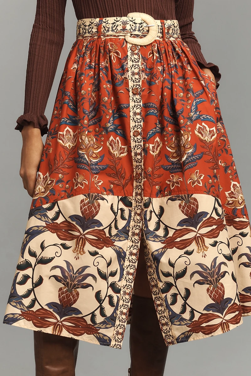 Farm Rio Winter Breeze Button-Front A-Line Midi Skirt