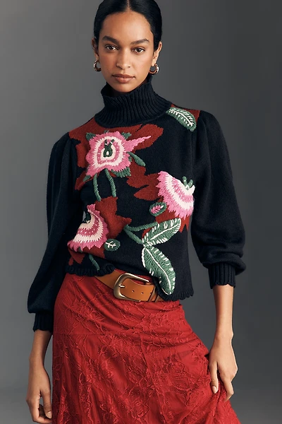 Farm Rio Mock-Neck Embroidered Pullover Sweater