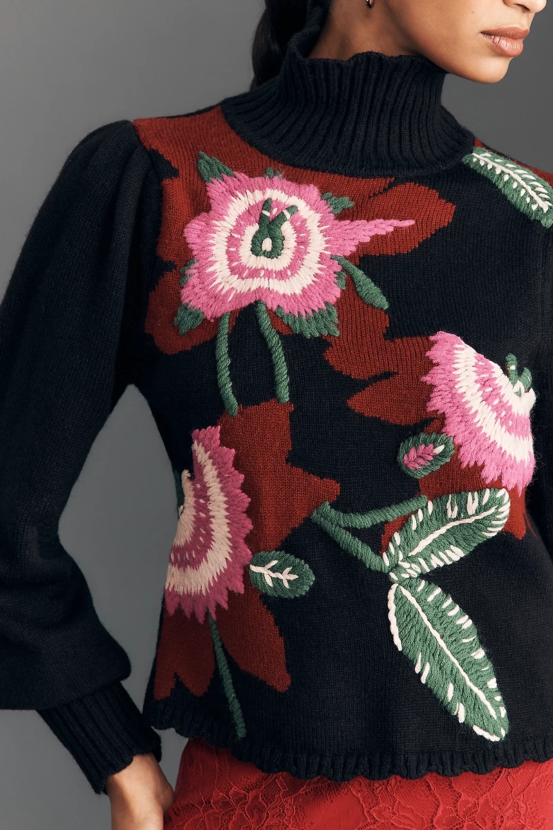 Farm Rio Mock-Neck Embroidered Pullover Sweater