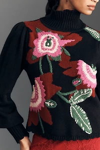 Farm Rio Mock-Neck Embroidered Pullover Sweater