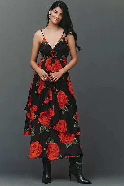 Farm Rio A-Line V-Neck Rosette Maxi Dress
