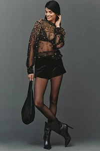 Farm Rio Mock-Neck Sheer Embroidered Blouse