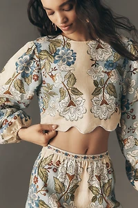 Farm Rio Garden Linen Scalloped Crop Top