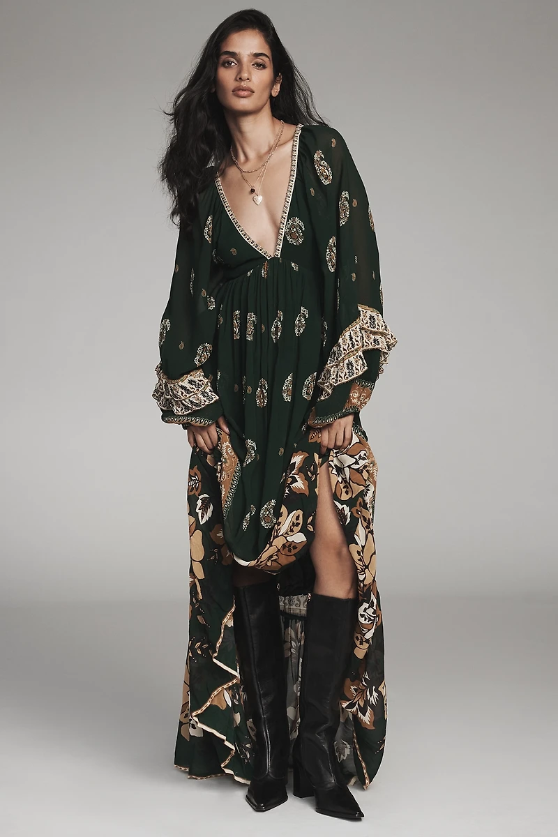 Farm Rio Ayla Long-Sleeve V-Neck Maxi Dress