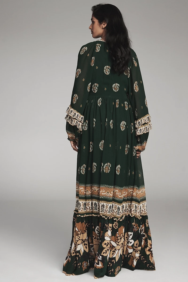 Farm Rio Ayla Long-Sleeve V-Neck Maxi Dress