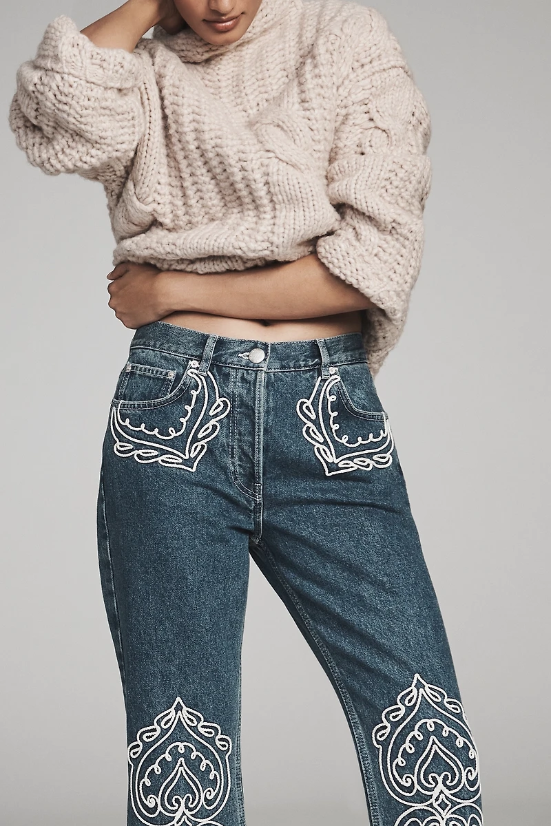 Farm Rio Cornely Embroidered Cropped Flare Jeans