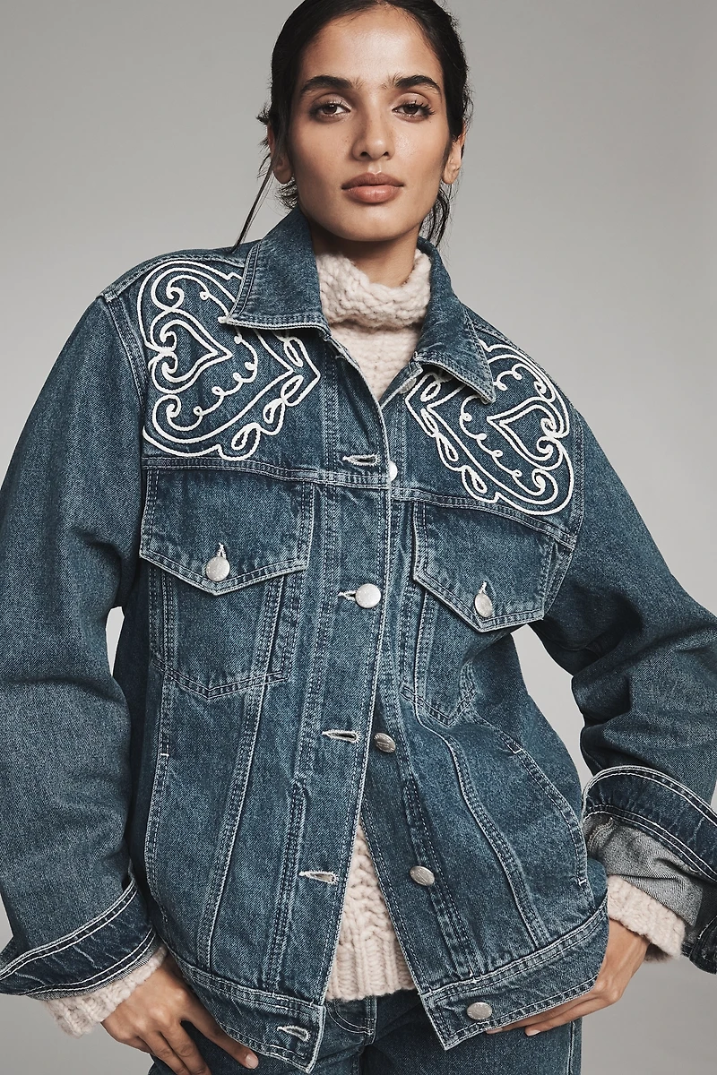 Farm Rio Cornely Embroidered Denim Trucker Jacket