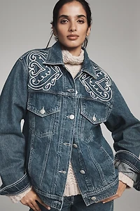 Farm Rio Cornely Embroidered Denim Trucker Jacket