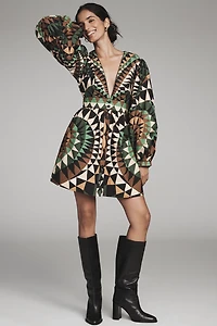 Farm Rio Deco Long-Sleeve Mini Dress