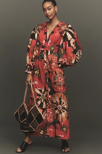 Farm Rio Flowershop Puff-Sleeve Maxi Dress