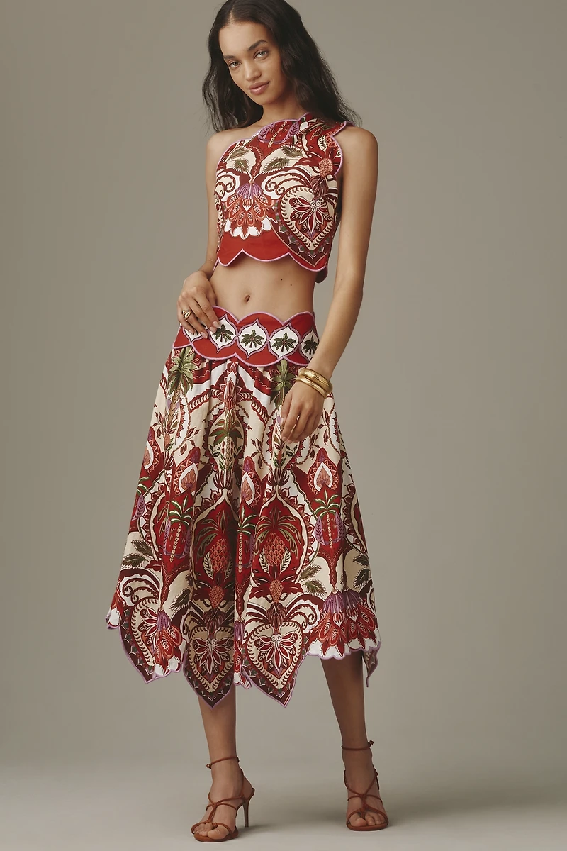 Farm Rio Odara Linen Blend Scalloped Midi Skirt