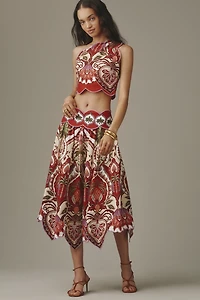 Farm Rio Odara Linen Blend Scalloped Midi Skirt