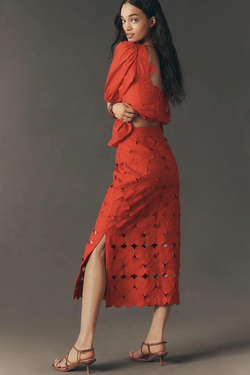 Farm Rio Cutout Hearts Linen Midi Skirt
