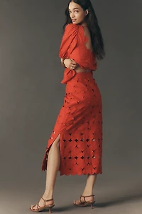 Farm Rio Cutout Hearts Linen Midi Skirt