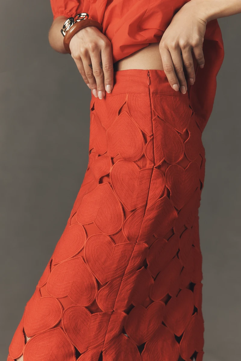 Farm Rio Cutout Hearts Linen Midi Skirt